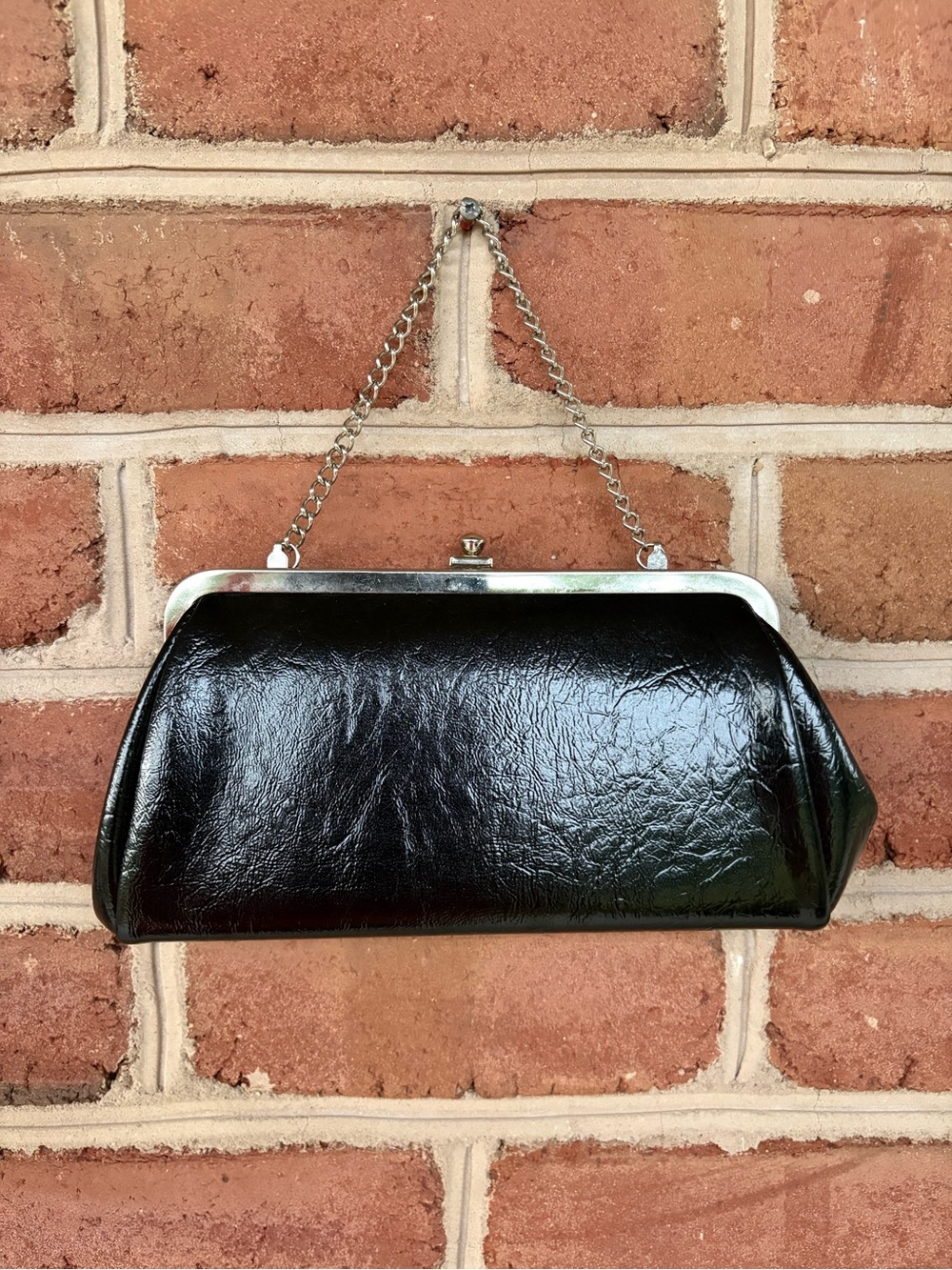 Vintage Black Patent Clutch with Silver Chain
